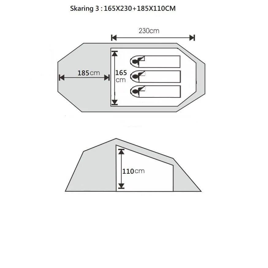 Måltegning av Sydvang Skaring 3P Ultralight – innertelt 165 × 230 cm, fortelt 185 cm, høyde 110 cm